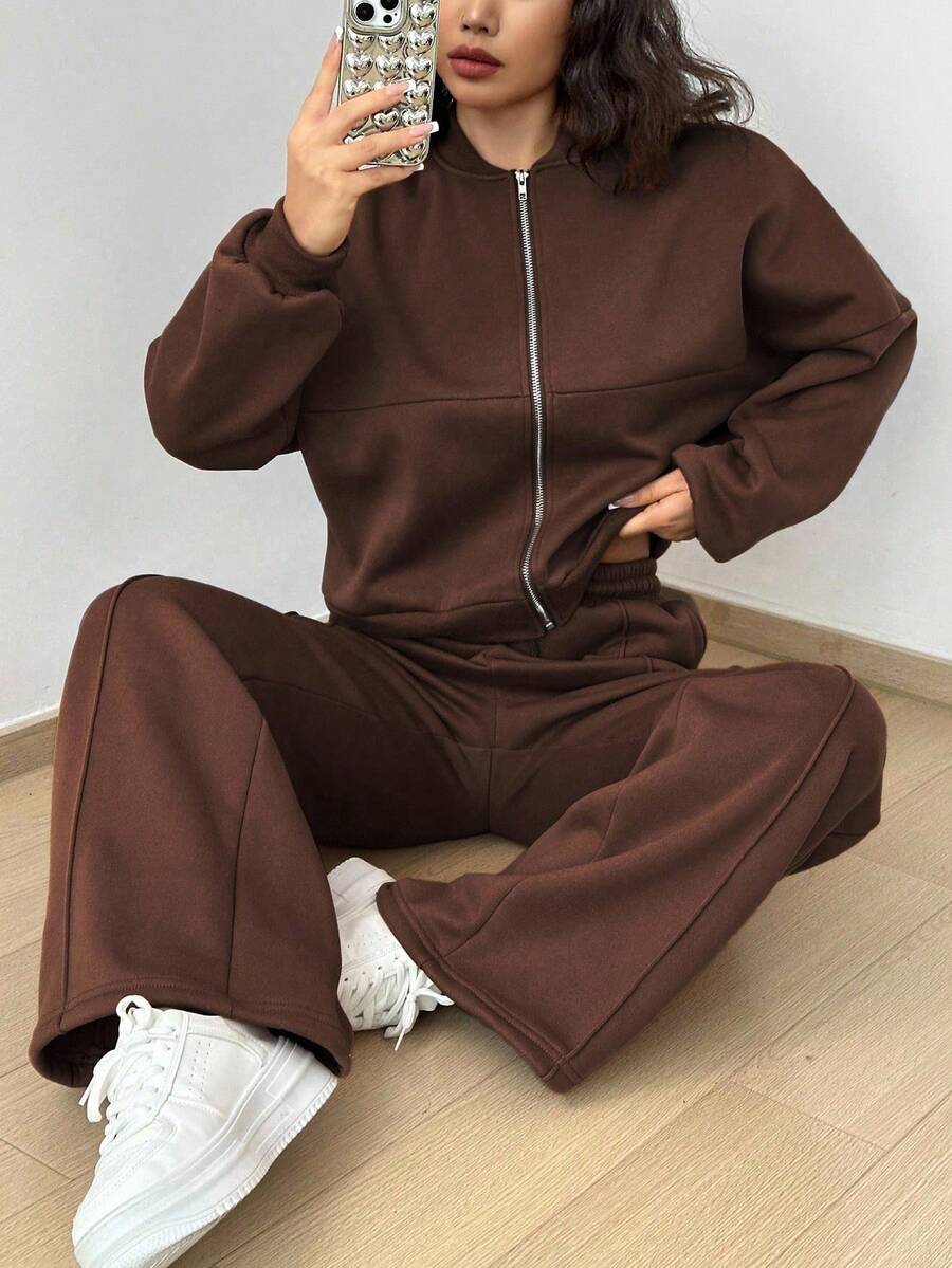 SHEIN Unity 2 Stücke Lässig Jacke und Hose Set in Unifarbe, Herbst/Winter - Schokoladenbraun - Übersicht 1
