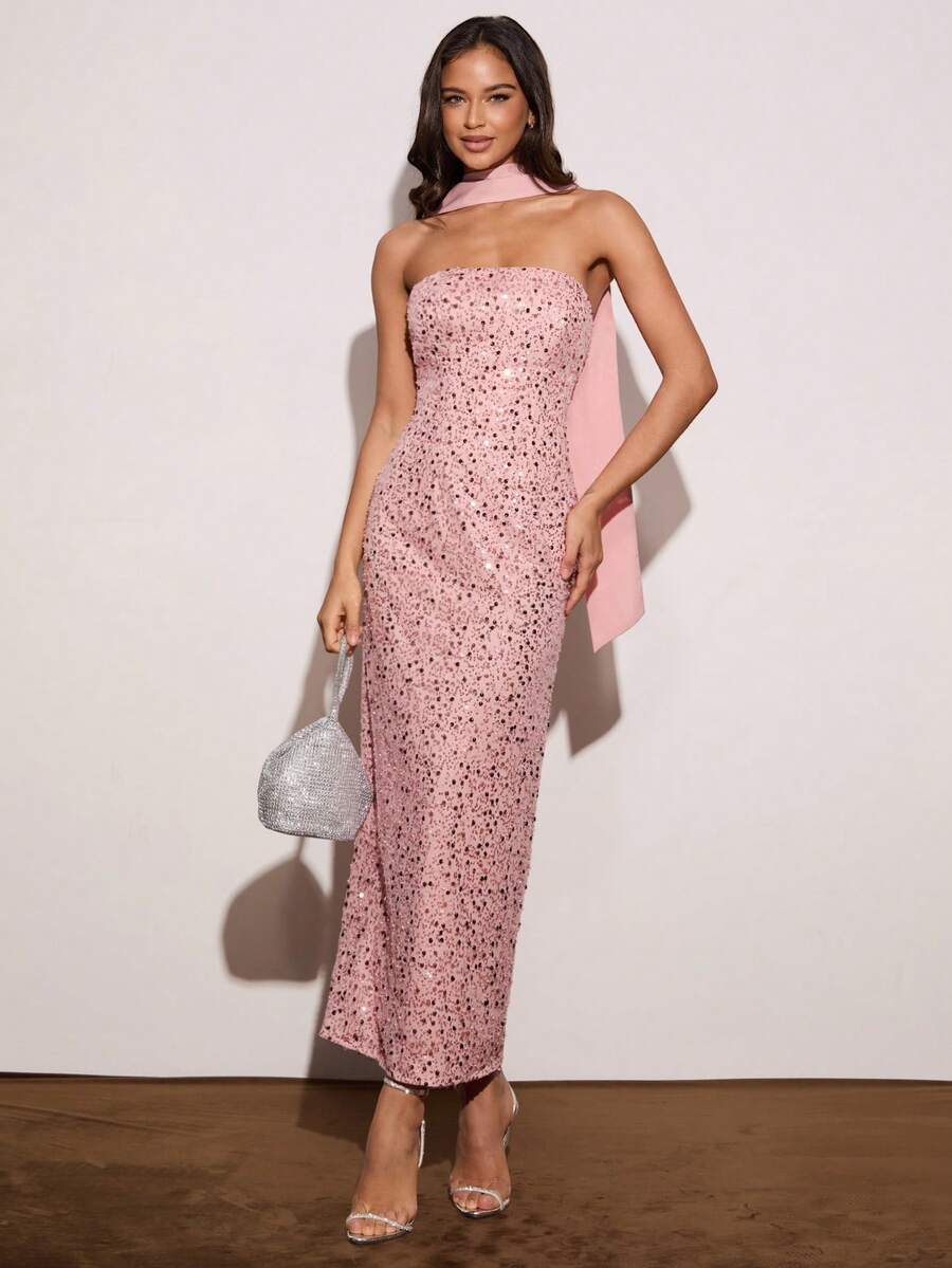 Enchnt Váy Bandeau đính hạt màu hồng dành cho nữ - Hồng - Xem 1