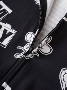 TOM & JERRY X SHEIN Bluza z kapturem i zamkiem błyskawicznym w dużym rozmiarze, jesienna bluza z nadrukiem w kreskówkowym stylu, czarna bluza z grafiką, styl uliczny, swobodna, czarna, minimalistyczna, klasyczna, z kapturem i zamkiem błyskawicznym w kreskówkowym stylu/zima - Czarne - Zobacz 5