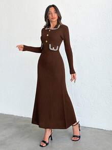 SHEIN Tall 女款優雅對比包邊翻蓋設計修身針織洋裝，秋冬款，適合高個女性 - 咖啡棕 - 查看 6