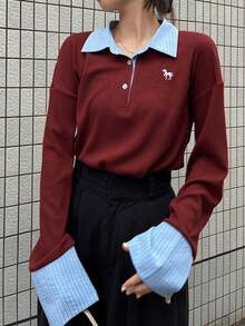 FRIFUL Damen Kontrast-Farben 2-in-1 Kragen Knopfleiste Stickerei Muster Langarm Lässiger Vielseitiger Sweatshirt, Herbst/Winter - Rot - Übersicht 3