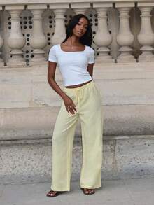 Mima John 女士休闲度假旅行系带直筒裤，黄色，百搭修身，梭织面料，春夏 - Butter Yellow - 查看 6