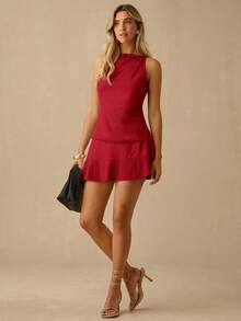 Enchnt 夏季性感纯色露背无袖上衣和百褶迷你裙套装