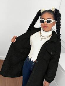 SHEIN Tween Girl Thermal Lined Lapel Pocket Button Front Mid-Length Coat, Autumn/Winter Girls Sherpa Coat Black Black Jacket Teen Girl Black Tween Girl Jacket Fall Coat For Tween Girls Long Cardigan For Girls