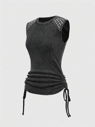 Grunge Punk Débardeur vintage lavé et délavé avec manches raglan, taille froncée pour femmes