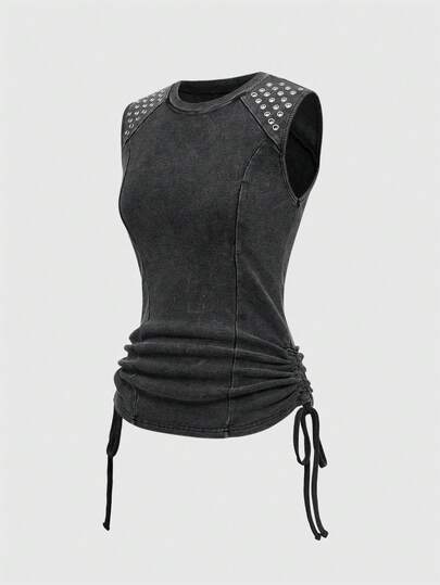 Grunge Punk Canotta vintage lavata e consumata con maniche a raglan, vita arricciata e vita corta per le donne