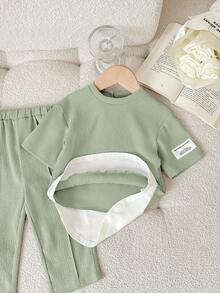 SHEIN Baby Girls Colorblock Knit 2 In 1 Long Sleeve Top And Elastic Waist Long Pants Set, Spring/Summer - Green - View 8