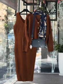 GlowEve Women's Casual Solid Color Cardigan Knit Dress Two Pieces Set, Autumn/Winter - Coffee Brown - View 8
