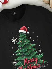 Manfinity Homme Camiseta de manga corta negra casual para hombres con estampado de copos de nieve navideños, árbol de Navidad y lema "Feliz Navidad"
