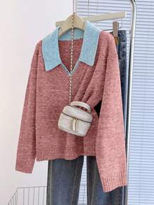 Franclia V-Neck 2 In 1 Long Sleeve Sweater, Autumn/Winter - Red and White - View 8