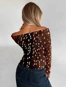 Aloruh Áo thun dài tay ôm sát họa tiết hươu Giáng sinh gợi cảm, đa năng dành cho nữ, phù hợp mặc mùa thu/đông, mặc hàng ngày, đi nghỉ theo phong cách Boho, lễ hội âm nhạc, mùa thu mát mẻ, áo thu - màu nâu - Xem 3