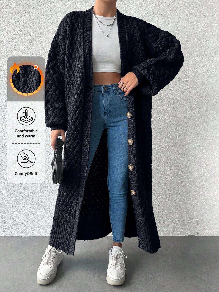 EURMUSE Women's Casual Solid Color Long Cardigan, Versatile For Winter - Navy Blue - View 1