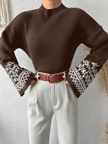 EURMUSE Suéter de punto con patrón geométrico para mujer, otoño e invierno - Marrón Chocolate - Ver 4