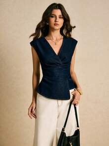 Poéselle Women's Casual Asymmetric Hem Denim Blouse, Summer Dark Blue Top Peplum Top Women Wrap Tops For Women Navy Blue Top Women Denim Top Women  Valentine's Day - Dark Wash - View 7