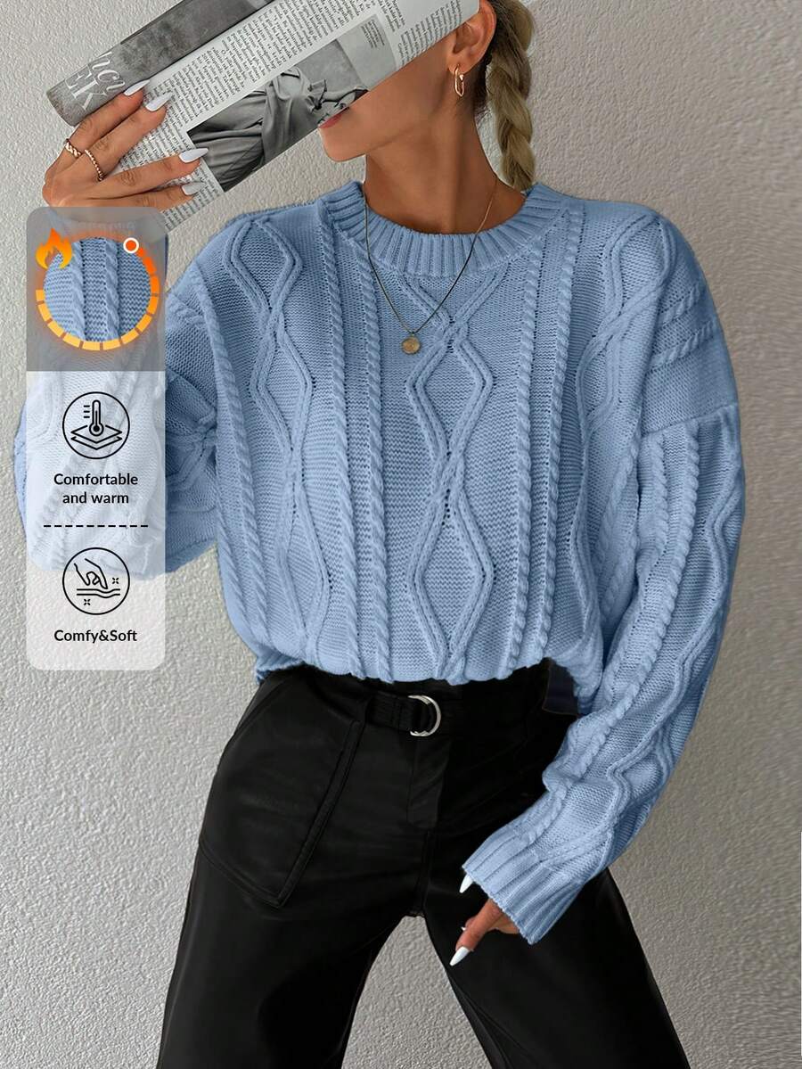 EURMUSE 1pc Women Casual Solid Color Drop Shoulder Loose Cable Knit Blue Sweater - Baby Blue - View 1