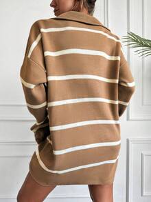 EURMUSE Vestido de punto con patrón de rayas de hombros caídos - Camel - Ver 2