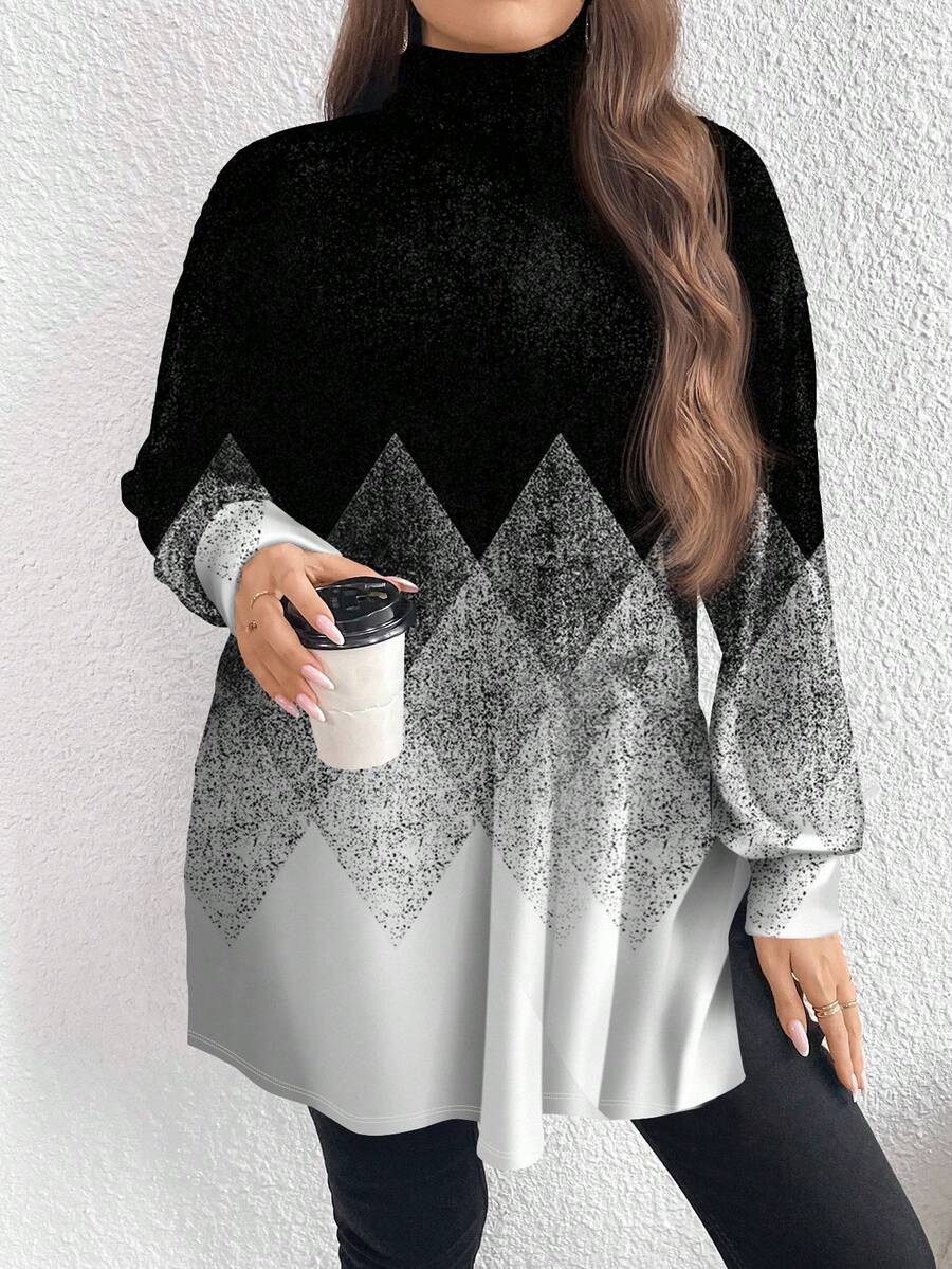 EMERY ROSE 秋冬季休闲简约全印花大码高领长款 T 恤 - 彩色 - 查看 1