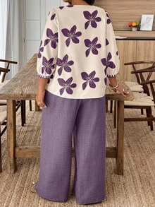 Weeklong 大码女式花卉印花灯笼袖衬衫和阔腿裤休闲两件套 - 彩色 - 查看 2