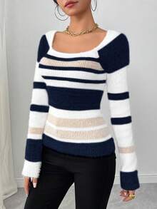EMERY ROSE Women's Contrast Color Minimalist Pullover Sweater, Everyday Wear - Multicolor - View 3