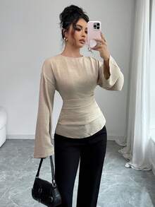 Siren Gaze Damen Minimalistische einfarbige Bluse mit rundem Ausschnitt, Langarm und Reißverschluss hinten