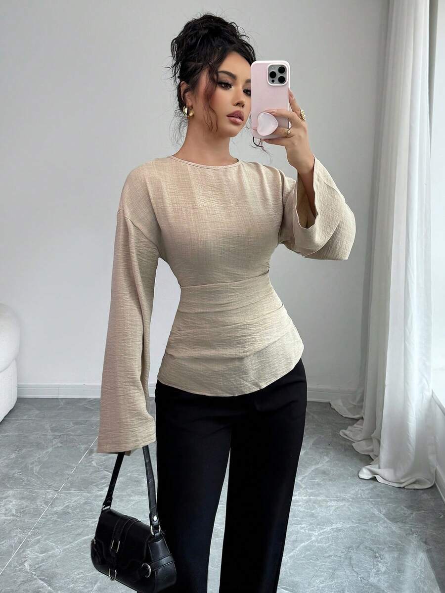 Siren Gaze Damen Minimalistische einfarbige Bluse mit rundem Ausschnitt, Langarm und Reißverschluss hinten