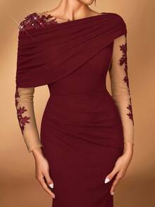 Serin Elegant Romantic Luxurious Elastic Knit Contrast Mesh Asymmetric Shoulder Mermaid Hem Dress, Suitable For Evening Party, Date, Prom, Wedding, Honeymoon, Valentine's Day - Burgundy - View 7