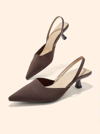 CUCCOO BASICS Coffee-Color Knitted Material Pointed Toe Kitten Heel Women's Slip-On Flats, Fashionable, Comfortable, Breathable, Versatile For Daily Wear And Work Spring Shoes