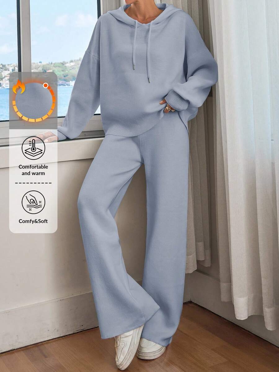 EURMUSE Women Solid Color Drop Shoulder Hooded Pullover & Sweater Pants Set - Baby Blue - View 1