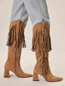 Styleloop Women's Fashionable Brown Pointed Toe Western Style Fringe Tall Boots - Brown - View 5