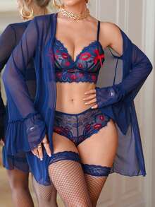 6 件套：蕾丝唇印上衣 + 开衩蕾丝内裤 + 网眼荷叶边长袍 + 腰带 + 2 双袜子，派对装 - 藏蓝色 - 查看 4