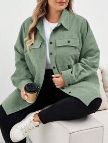 SHEIN CURVE+ 大码女式休闲纽扣长袖纯色夹克大码灯芯绒衬衫 8xl 女装大码大码衬衫曲线衬衫 6xl 加大女装，秋季女装冬季秋装/秋冬 - 綠色 - 查看 6