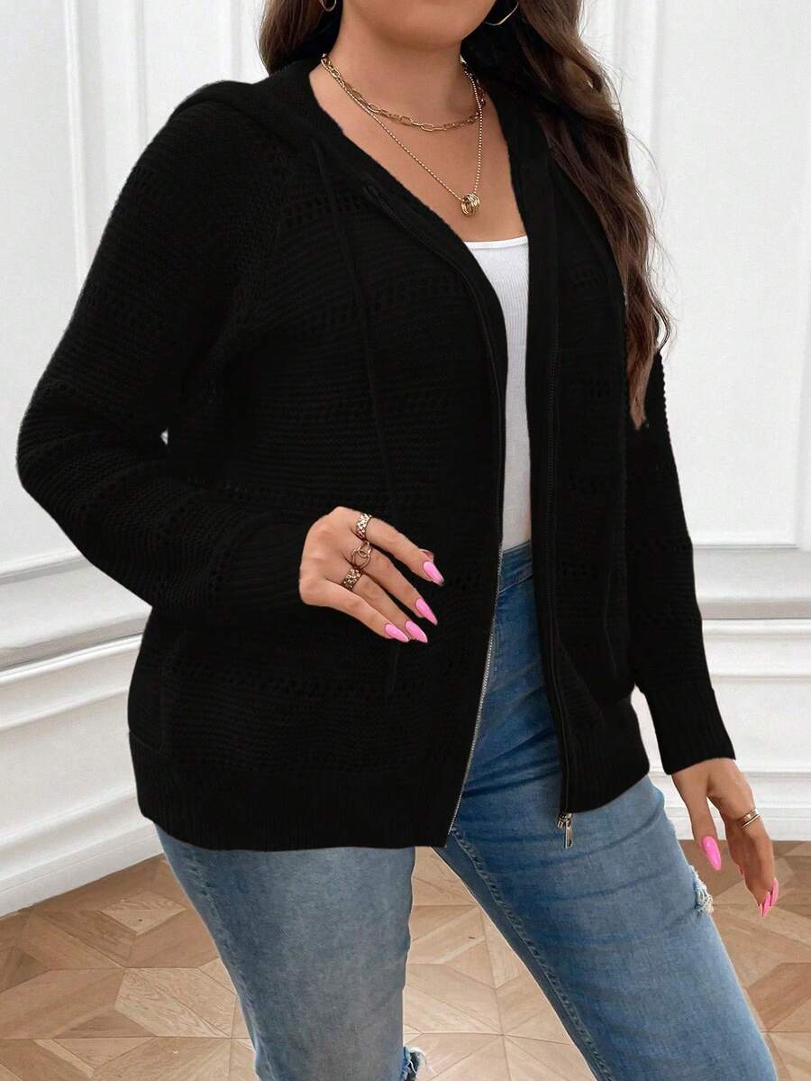 秋冬大码纯色休闲连帽开衫 - 黑色 - 查看 1