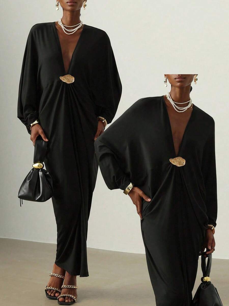 Vesra فستان مُبرّم مُنسوج بلون واحد مُتضخّم مع زخرفة معدنية للنساء - الأسود - مشاهدة 1