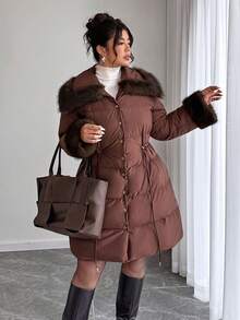 Elenzga Casaco Longo Acolchoado com Colarinho de Pele, Cintura com Cordão, Retalhos, Casual Plus Size, Outono/Inverno