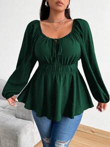 Sunspun Plus Size Drawstring & Elastic Waist Front Button Long Sleeve Shirt Peplum Top