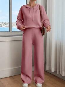 EURMUSE Women Solid Color Drop Shoulder Hooded Pullover & Sweater Pants Set - Pink - View 2