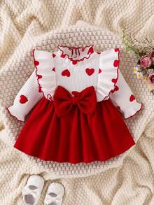 SHEIN Girls (Small) Knitted Ribbed White Ruffle Trim Patchwork Waist Corduroy Embroidered Floral Dress, Sweet & Cute Casual Spring Dress For Little Girls