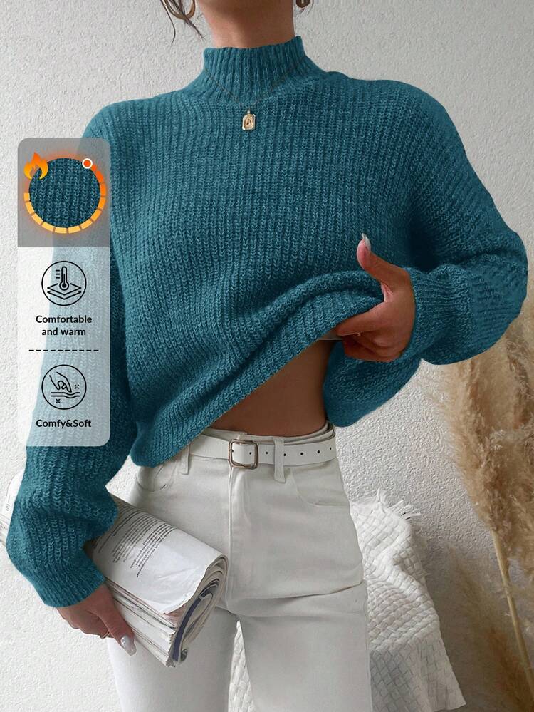 EURMUSE Mock Neck Drop Shoulder Ribbed Knit Sweater - Royal Blue - View 1