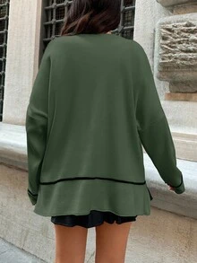 EURMUSE Women's Solid Color Crew Neck Long Sleeve Minimalist Sweater, Casual Everyday - Army Green - View 2