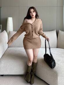 Flirla 加大码女式海军蓝领纽扣前针织保暖毛衣裙，适合秋冬季，返校/通勤装 - 駝色 - 查看 5