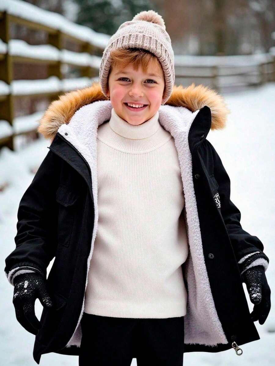 SHEIN Tween-Jungen Lässiger College-Stil, bequem und modisch, praktische Kapuzenjacke aus weichem Fleecestoff mit mehreren Taschen, geeignet für Herbst und Winter, geeignet für den Alltag, zum Spielen im Freien, in der Schule, für Straßenfotografie, Partys und zu Hause.