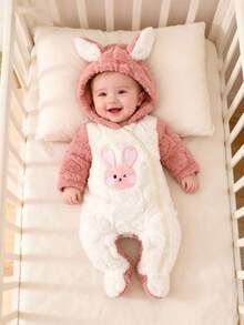 SHEIN Newborn Baby Adorable Rabbit Design Hooded Romper, Soft & Skin-Friendly Cartoon Jumpsuit For Baby Girls - Pink - View 1
