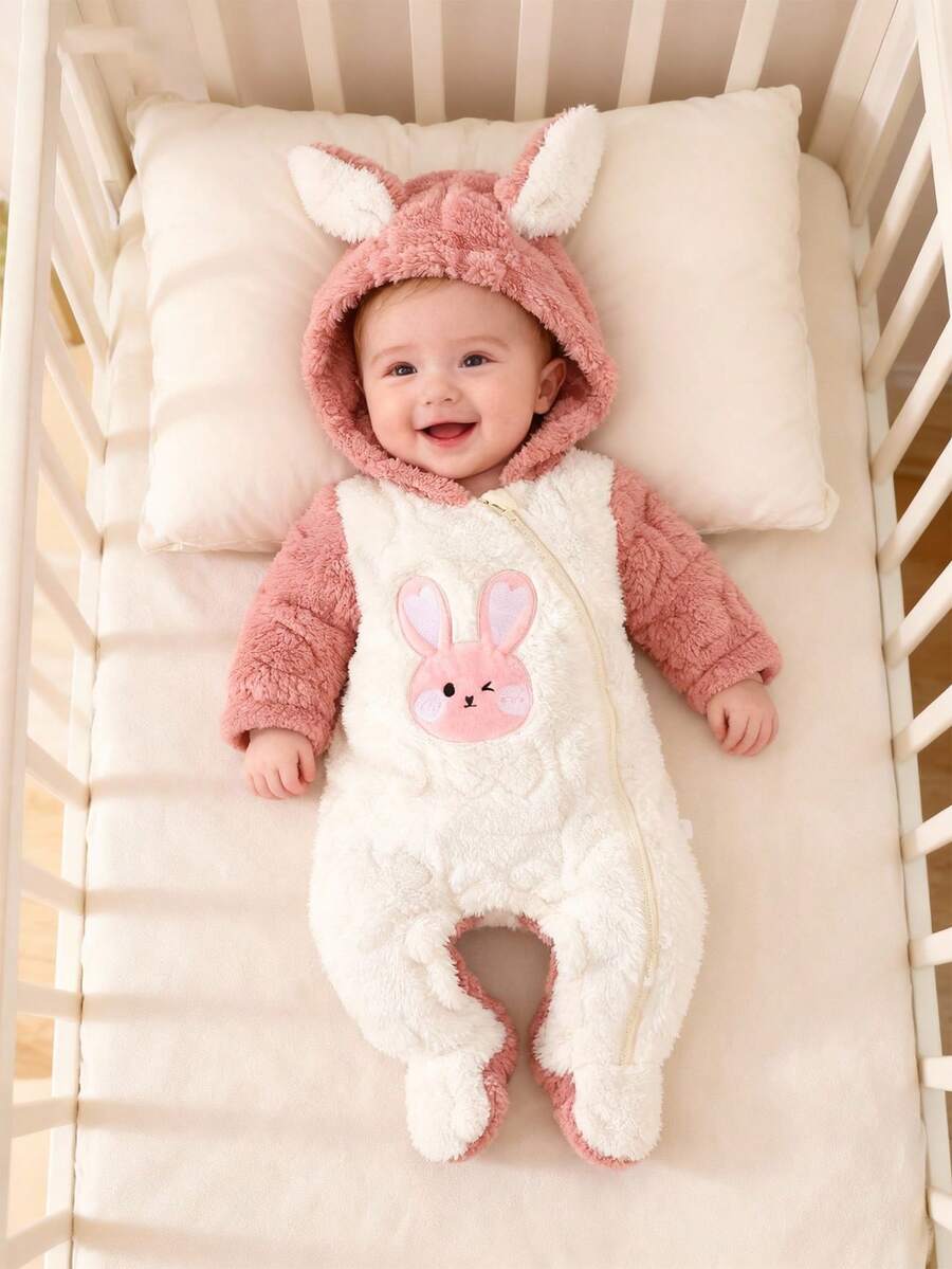 SHEIN Newborn Baby Adorable Rabbit Design Hooded Romper, Soft & Skin-Friendly Cartoon Jumpsuit For Baby Girls - Pink - View 1