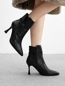CUCCOO BIZCHIC Women's Black Pointed Toe Metal Decor Fashion High Heel Mid-Calf Boots - Black - View 4