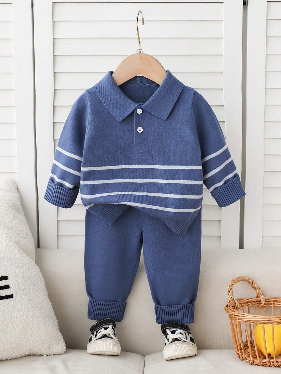Souflis Souflis Toddler Boys' Casual Cute Striped Knit Sweater Long Sleeve Set, Autumn/Winter Autumn And Winter Two Piece Suit Blue Vintage Baby Boy Outfit Sapphire Suit For Baby Boy Knitted Baby Boy Blue Outfit Longsleeve Baby Boy Winter Clothes Long Sleeve Baby Boy Knitted Set Baby Outfits Unisex For Fall Baby Boy Clothes Long Sleeve Neutral Baby Clothes Baby Knit Outfit Knit Two Piece Toddler Baby Sweater Set Baby Boy Sweater Set Winter Baby Outfits - Dusty Blue - View 1