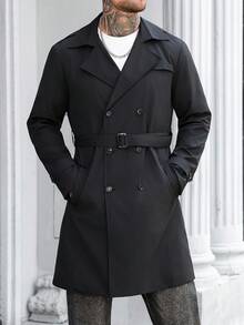 Manfinity Mode 男士加大码街头风黑色纯色防静电双排扣宽松风衣，休闲风衣，男友/老公礼物，周年纪念礼物，男士长款外套，男士大衣，双排扣风衣，男士黑色风衣，暗黑学院风男士风衣，男士外套，男士秋季系列 - 黑色 - 查看 6