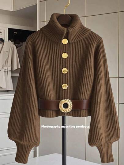 GlowEve Women's Fashion Versatile Sweater With Collar, Metal Buttons And Lantern Sleeves