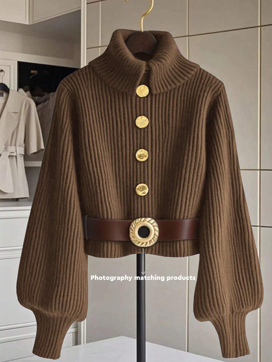 GlowEve Women's Fashion Versatile Sweater With Collar, Metal Buttons And Lantern Sleeves - Coffee Brown - View 1