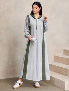 Graceveil Women's Casual Contrast Color Block Zip-Up Hoodie Sweatshirt, Loose Fit Long Style, Autumn/Winter - Army Green - View 6
