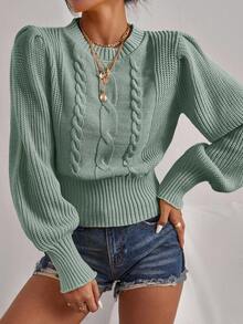 Cloudara Twisted Knit Round Neck Lantern Sleeve Pullover Sweater - Cadet Blue - View 3